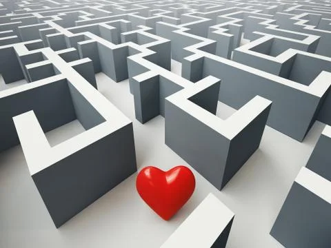 The complex world of emotions. Red heart hidden inside a maze. Love concept. 3d Illustration