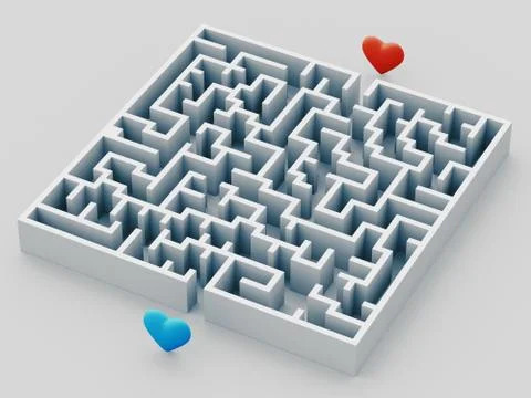 The complex world of emotions. Red heart hidden inside a maze. Love concept. 3d Stockillustratie