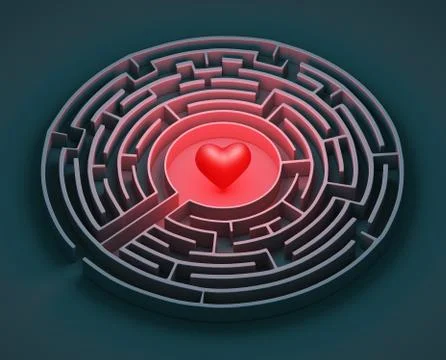 The complex world of emotions. Red heart hidden inside a maze. Love concept. 3d Stock Illustration