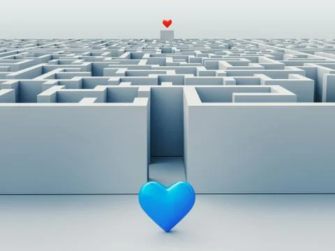 The complex world of emotions. Red heart hidden inside a maze. Love concept. 3d Stock Illustration