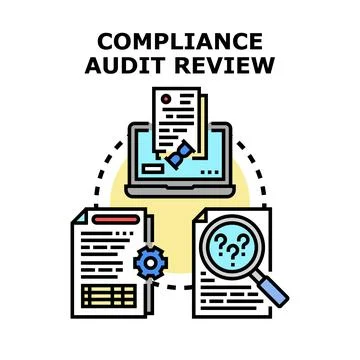 Compliance audit review process evaluating documentation on screens Illustrazione stock