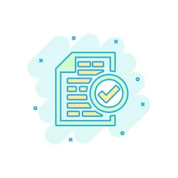Compliance document icon in comic style. Approved process vector cartoon illu Stock Illustration