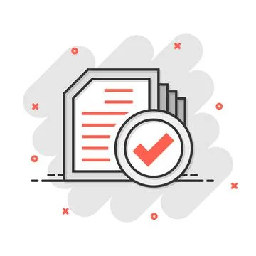 Compliance document icon in comic style. Approved process vector cartoon illu Stock Illustration