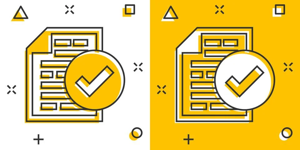 Compliance document icon in comic style. Approved process vector cartoon illu Stock Illustration