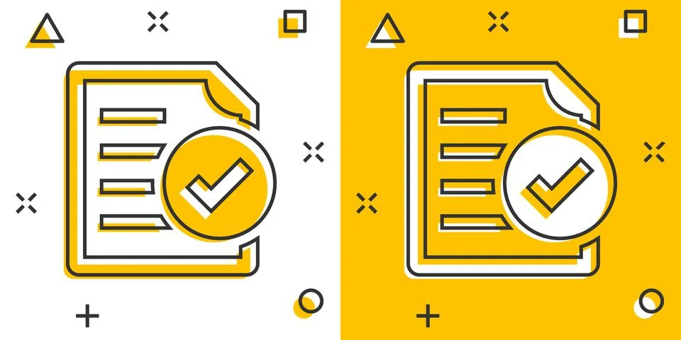 Compliance document icon in comic style. Approved process vector cartoon illu Stock Illustration