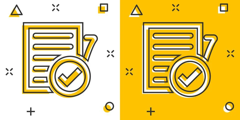 Compliance document icon in comic style. Approved process vector cartoon illu Stock Illustration