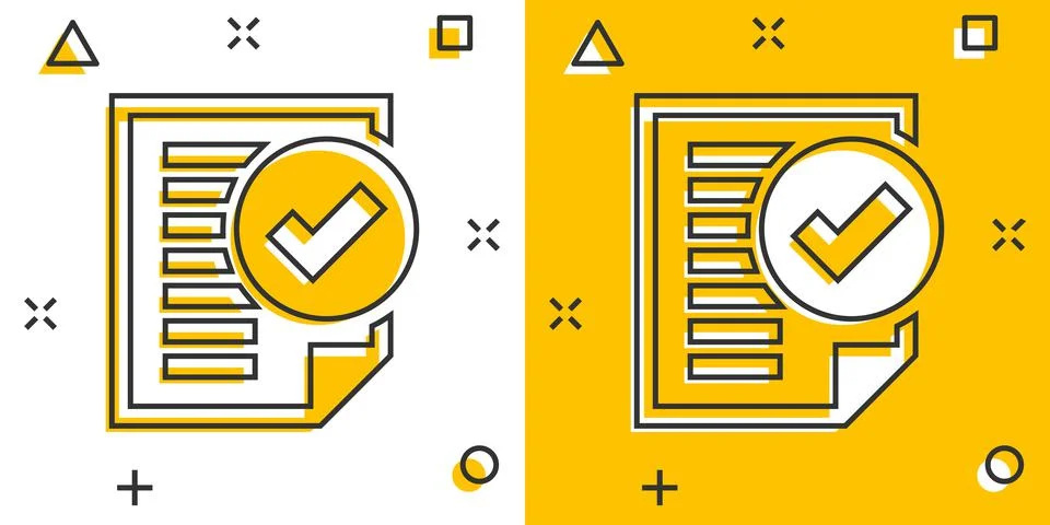 Compliance document icon in comic style. Approved process vector cartoon illu Stock Illustration