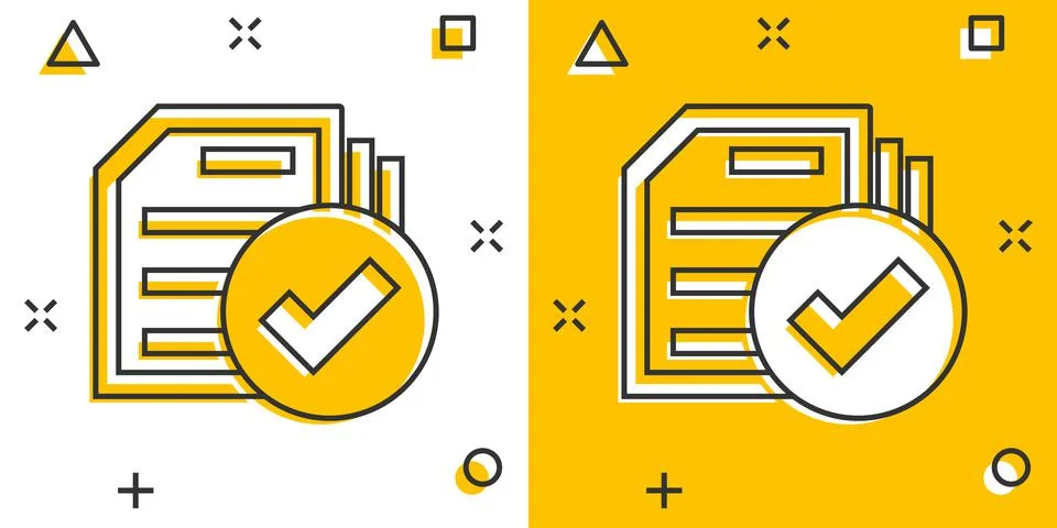 Compliance document icon in comic style. Approved process vector cartoon illu Stock Illustration