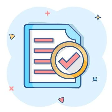 Compliance document icon in comic style. Approved process vector cartoon illu Stock Illustration