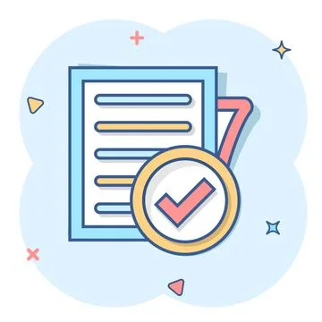 Compliance document icon in comic style. Approved process vector cartoon illu Stock Illustration