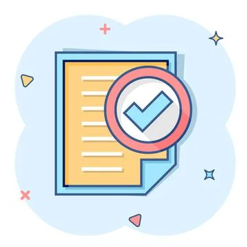 Compliance document icon in comic style. Approved process vector cartoon illu Illustrazione stock