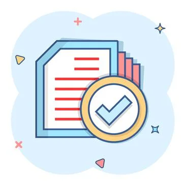 Compliance document icon in comic style. Approved process vector cartoon illu Illustrazione stock