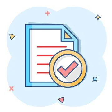 Compliance document icon in comic style. Approved process vector cartoon illu Stock Illustration