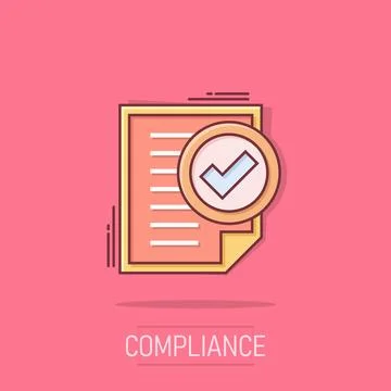 Compliance document icon in comic style. Approved process vector cartoon il.. Illustrazione stock