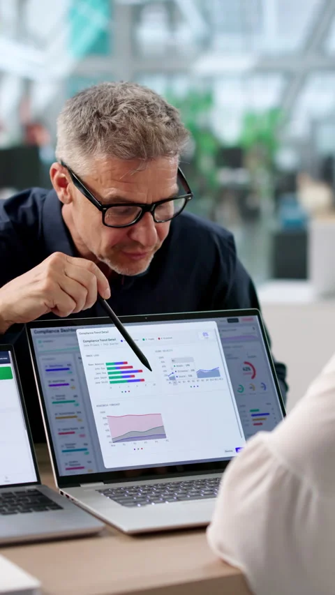 Compliance Manager And Team Review Risk Dashboard Video stock 335878053