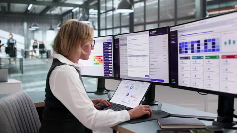 Compliance Manager Reviews Risk Matrix On Laptop Stock Footage 340999534