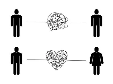 Complicated relationship. Love couple problem, tangled messy scribble connection 스톡 일러스트