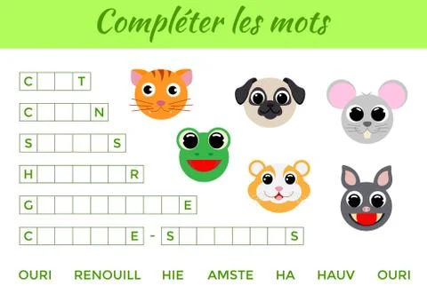 Complter les mots - Complete the words, write missing letters. Stock Illustration