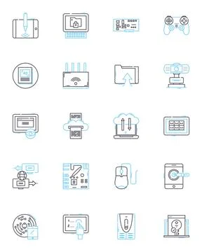 Compnts linear icons set. Processor, Motherboard, Graphics, Memory, Storage Stock Illustration