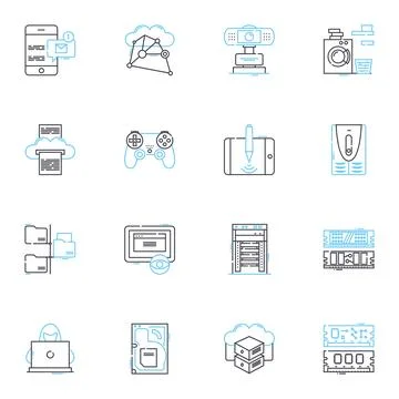 Compnts linear icons set. Processor, Motherboard, Graphics, Memory, Storage Stock Illustration