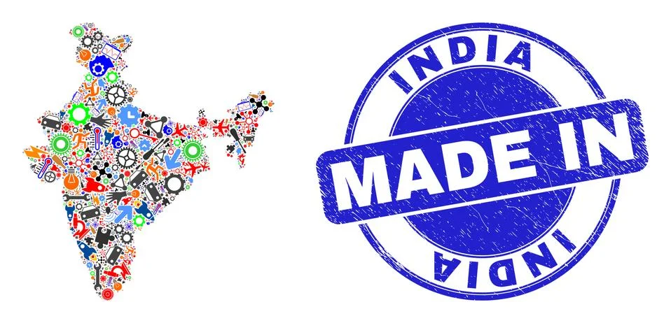 Component Collage India Map and Made in Grunge Watermark Stock Illustration