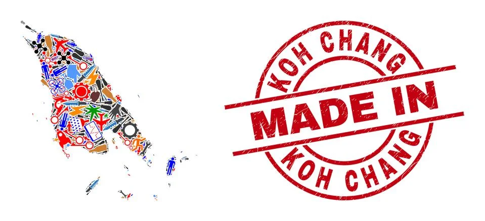 Component Collage Koh Chang Map and Made in Distress Watermark Stock Illustration