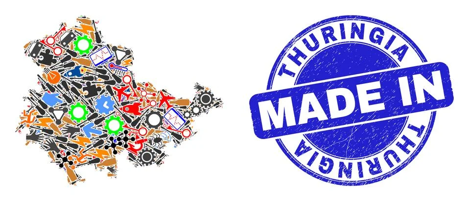 Component Collage Thuringia Land Map and Made in Scratched Stamp Seal Illustrazione stock
