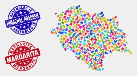 Component Himachal Pradesh State Map and Distress Assembled and Margarita Stamps Stock Illustration