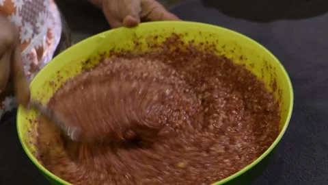 Component ingredients of rice paste, onion, garlic, chili flakes, and ginger  Video stock 172427952