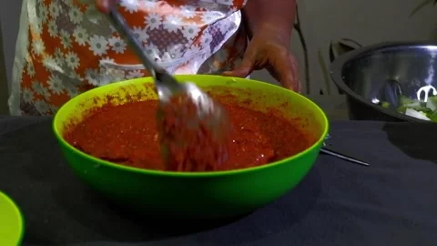 Component ingredients of rice paste, onion, garlic, chili flakes, and ginger  Video stock 172427963