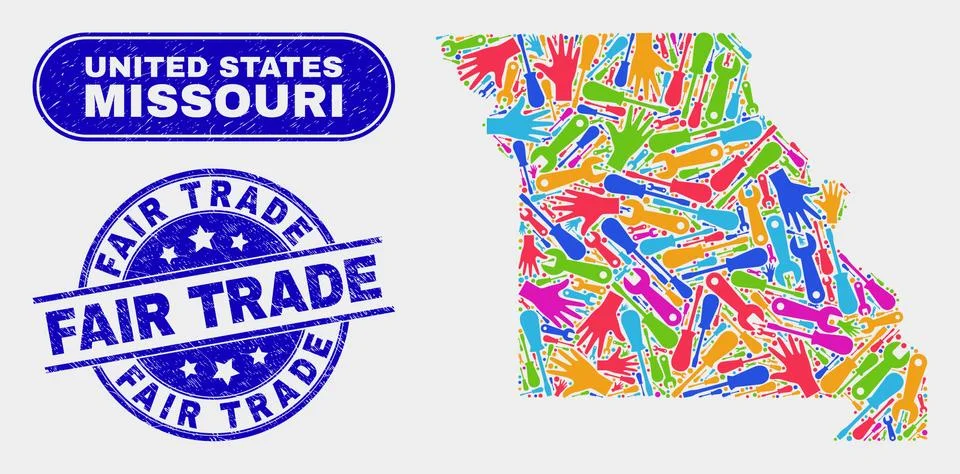 Component Missouri State Map and Distress Fair Trade Seals Illustrazione stock