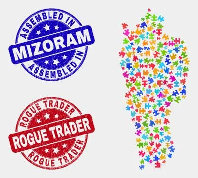 Component Mizoram State Map and Grunge Assembled and Rogue Trader Stamp Seals 스톡 일러스트