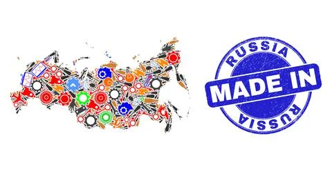 Component Mosaic Russia Map and Made in Scratched Stamp Seal Illustrazione stock