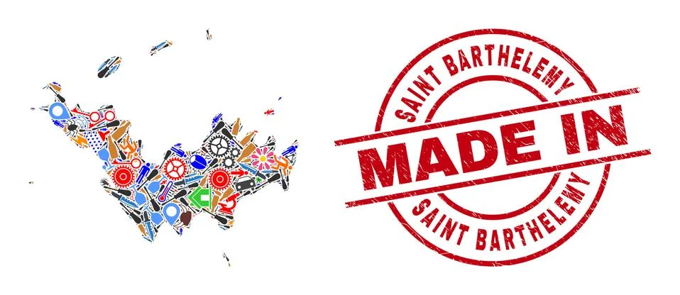 Component Mosaic Saint Barthelemy Map and Made in Distress Stamp Seal Stock Illustration