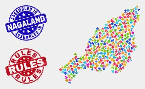 Component Nagaland State Map and Distress Assembled and Rules Seals 스톡 일러스트