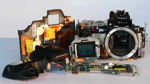 Component parts of dslr camera showing ccd sensor and shutter mechanism Video stock 123460038