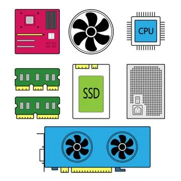 Component parts for a personal computer, main parts for a computer, vector Stock Illustration