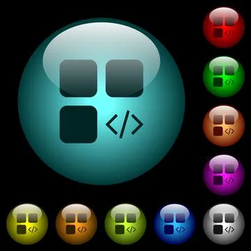 Component programming icons in color illuminated glass buttons Ilustración de archivo