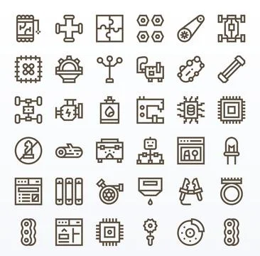 Component Vector Icon Collection with 36 High Resolution Bold Line Designs Stock Illustration