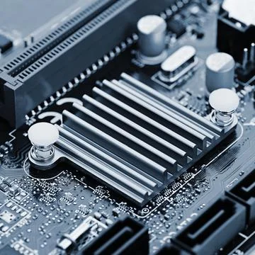 Components on board. PCB to PC. Chip, capacitor and connectors on the mothe.. Stock Photos