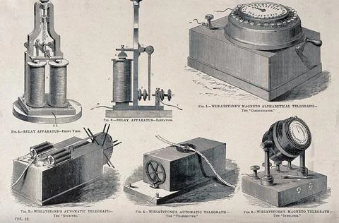 Components of the electromechanical telegraph network. Process print. Stock Illustration