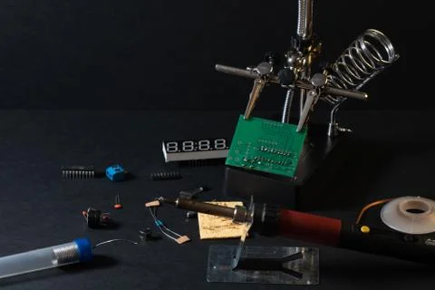 The components of the main board in the process of assembling the device Stock Photos