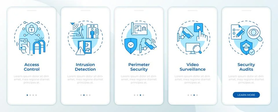 Components of physical security systems blue onboarding mobile app screen Stock Illustration