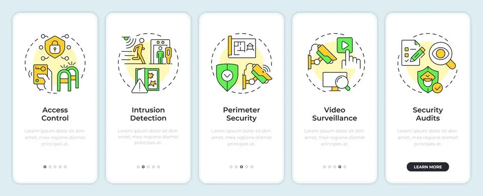 Components of physical security systems onboarding mobile app screen Stock Illustration