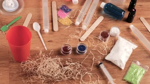 Components, tools and materials to make slime. Child creativity and education Stock Footage 146023081
