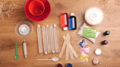 Components, tools and materials to make slime. Child creativity and education Stock Footage 146023630