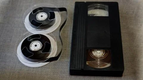 The components of the VHS tapes on a gray background Stock Photos