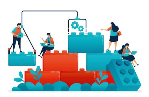 Compose lego games to teamwork and collaboration in work and business problem Stock Illustration