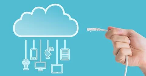 Composed Image of hand holding cable with cloud illustration with cables Foto stock