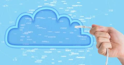 Composed Image of hand holding cable into blue illustrated cloud Foto stock